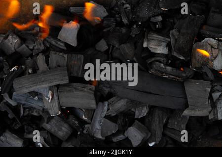 Legno che brucia. Il resto dell'alveare. Legna da ardere. Ceneri nel cavoldro. Resti del fuoco. Foto Stock