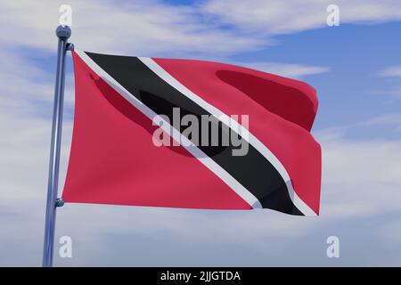 Una rappresentazione del 3D della bandiera di Trinidad e Tobago che sventola nel vento contro il cielo blu Foto Stock