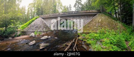 Ponte di pietra sul fiume Divoka Orlice nella Riserva Naturale di Zemska brana, porta della Terra, repubblica Ceca Foto Stock