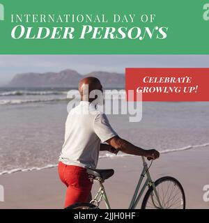 Immagine della giornata internazionale degli anziani sopra l'uomo afroamericano anziano con la bici sulla spiaggia Foto Stock