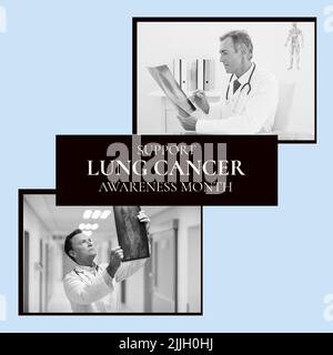 Immagine del concetto di consapevolezza del cancro ai polmoni sopra le foto con i medici caucasici maschi Foto Stock