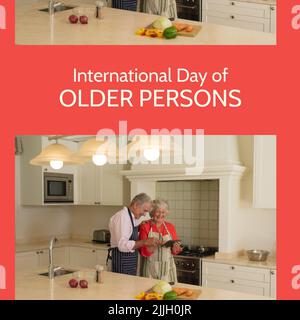 Immagine del giorno internazionale delle persone anziane su felice caucasica coppia anziana cucina con tablet Foto Stock