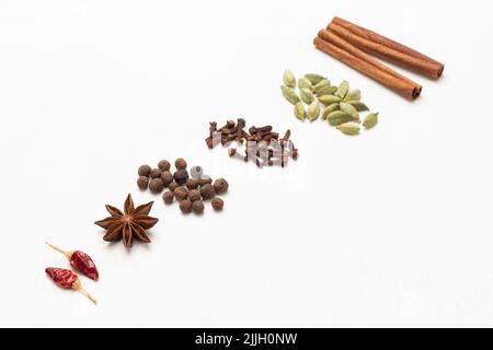 Le spezie si trovano in una fila diagonalmente attraverso il telaio. Bastoncini di cannella, cardamomo, chiodi di garofano, allspizio, anice stellato, e cialde di peperoni rossi. Vista dall'alto. Retro bianco Foto Stock