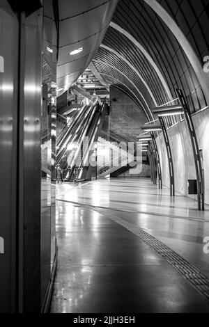 Un'immagine verticale in scala di grigi di un centro commerciale sotterraneo vuoto con scale mobili sullo sfondo Foto Stock