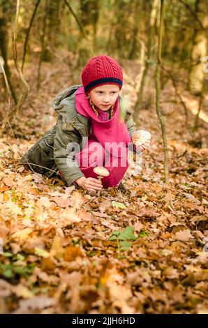 adorabile ragazza sorridente cura in rosso cap raccolta funghi nella foresta autunnale Foto Stock