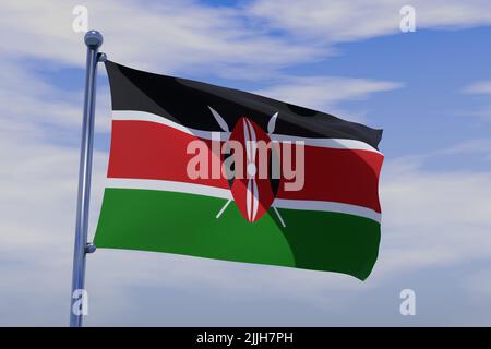 Un'illustrazione del 3D della bandiera del Kenya con un palo di bandiera cromato su sfondo blu del cielo Foto Stock