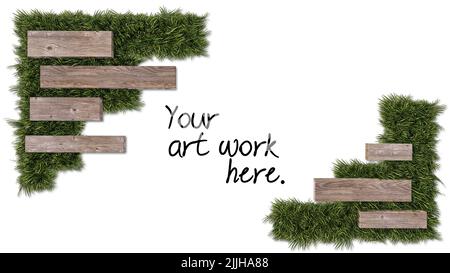 Un'immagine di 3D rendering di erba verde isolata e legno alligato a forma casuale. Foto Stock