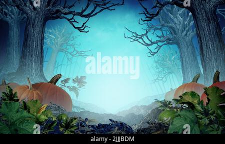 Gli sfondi di Halloween in uno sfondo di notte di autunno creepy come campo di zucca con gli alberi spaventosi e il paesaggio di nebbia con 3D elementi di illustrazione. Foto Stock