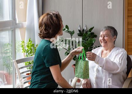 Donna anziana felice che parla con la figlia. Concetto di rapporti di fiducia caldi, fuoco selettivo. Giornata globale dei genitori. La figlia dà il regalo della sua madre Foto Stock