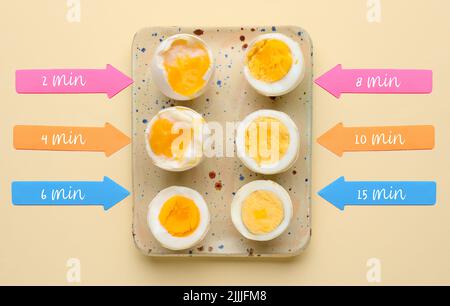 Tempi di cottura delle uova di pollo su sfondo chiaro Foto Stock