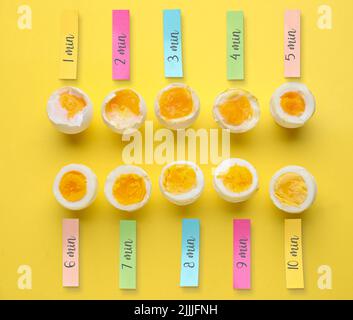 Tempi di cottura delle uova di pollo su sfondo giallo Foto Stock