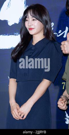 26 luglio 2022 – Seoul, Corea del Sud : l'attrice sudcoreana Jae-in Kim, partecipa a un appello fotografico per il film Hansan: Rising Dragon premiere a Seoul, Corea del Sud il 26 giugno 2022. Il film sarà pubblicato nel paese il 27 luglio. (Foto di: Lee Young-ho/Sipa USA) Foto Stock