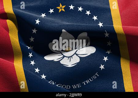 Il Mississippi è uno stato degli Stati Uniti che ha la bandiera a 3D illustrazioni. Ondulazione sullo sfondo tessile della bandiera del vento Foto Stock