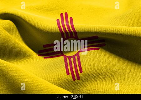 La bandiera di illustrazione del 3D del New Mexico è uno stato degli Stati Uniti. Ondulazione sullo sfondo tessile della bandiera del vento Foto Stock