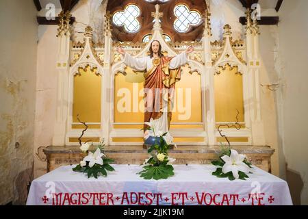 Un altare laterale con una grande statua di Gesù che porta un abito rosso e oro con un cuore sul petto. Alla Cattedrale Metropolitana di Cardiff, Galles, United K Foto Stock