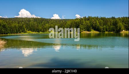 Il Lago di Trit è tra i laghi forestali più belli dell'Alto Adige, Italia - Europa. Il Lago di Tret è uno dei luoghi più amati della Val di non. Foto Stock