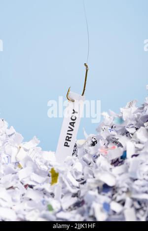 Parola Privacy agganciato sul gancio da pesca estratto da mucchio di documenti shredded su sfondo blu Foto Stock