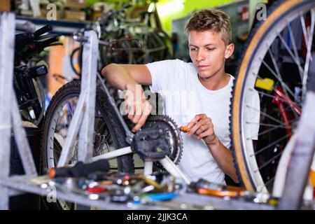 Uomo che ripara le biciclette con gli strumenti all'interno Foto Stock