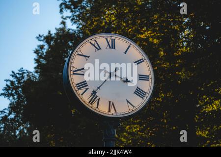 Un orologio analogico d'epoca nel parco al mattino presto. Orologio di strada rotondo con numeri romani Foto Stock