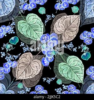 Modello di acquerello disegnato a mano rose secche, piante secche in dopamina design, stile Boho, bouquet autunno in colori violetti, isolato su bacground nero Foto Stock