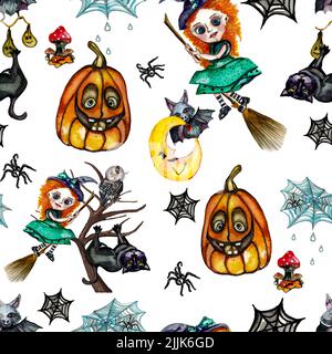 Acquerello disegnato a mano carino Halloween modello senza giunture con strega, gatto nero, zucca, ragno, pipistrello, web, luna, albero, funghi, isolato su sfondo bianco Foto Stock