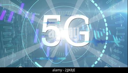 Immagine di grafici, dati e 5g su sfondo blu Foto Stock