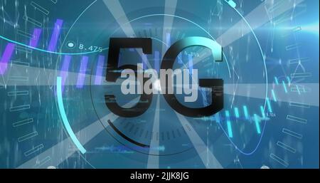 Immagine di grafici, dati e 5g su sfondo blu Foto Stock