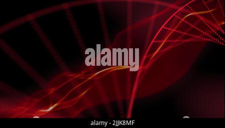 Immagine di particelle rosse che formano una struttura curva sopra fumo rosso ondulato su sfondo nero Foto Stock