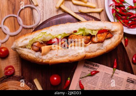 pollo tikka roll, salsa di pomodoro e drink vista dall'alto di cibo arabo di strada su sfondo di legno Foto Stock