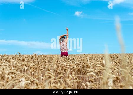 Donna felice sentendosi libera con le braccia tese, in piedi in un campo di grano dorato Foto Stock