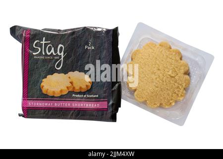 Confezione di Stag Stornoway burro Shortbread prodotto della Scozia aperto con contenuto rimosso isolato su sfondo bianco Foto Stock