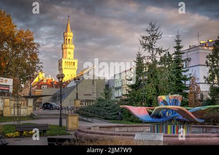 Il municipio e la città vecchia di Opole con una fontana colorata a Plac Wolnosci a Poznan, Polonia Foto Stock