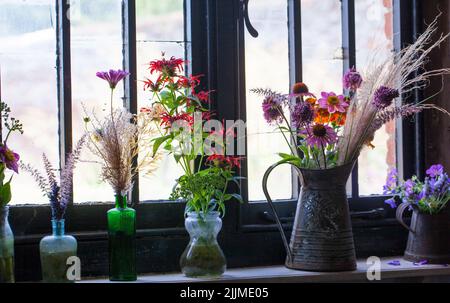 Vista di fiori freschi tagliati e secchi in una varietà di vasi come parte di un'affascinante vetrina. Foto Stock