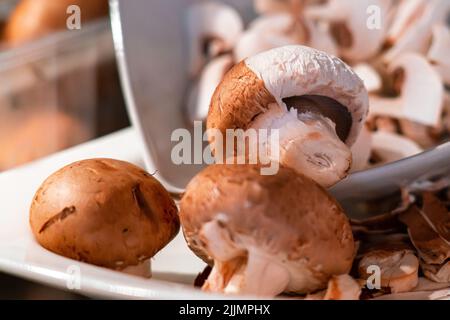 Alcuni campignoni freschi in una ciotola isolata su sfondo bianco Foto Stock