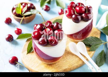 Panna cotta con gelatina di ciliegia dolce su un tavolo in pietra, dessert italiano, cucina fatta in casa. Foto Stock