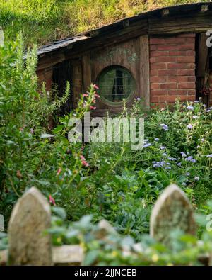 Un colpo verticale di una capanna di Hobbiton in Nuova Zelanda Foto Stock