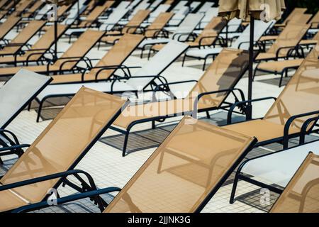 Primo piano di file di lettini presso una piscina Foto Stock