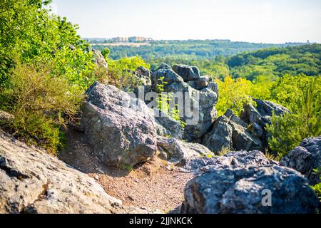 Il famoso parco selvaggio Divoka Sarka a Praga città nel tramonto in estate, Repubblica Ceca Foto Stock