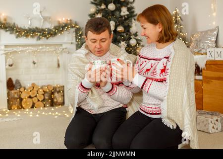 Natale, un uomo e una donna in maglioni identici, bere il tè sotto una coperta Foto Stock