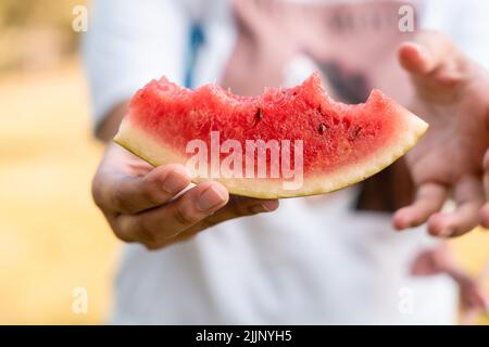 Il cocomero morso in mano in estate Foto Stock