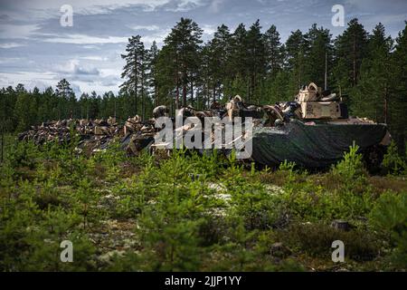 Soldati americani assegnati a 4th Squadron, 10th Cavally Regiment, 3rd Armored Brigade Combat Team, 4th Divisione fanteria eseguire la manutenzione sui loro M2A3 Bradley Fighting veicoli in preparazione per l'esercizio vigilante Fox tenuto a Niinisalo, Finlandia, 25 luglio 2022. La 3rd Armored Brigade Combat Team, 4th divisione fanteria, e le unità dell'esercito finlandese hanno iniziato la formazione estiva in Finlandia per rafforzare le relazioni e contribuire a costruire l'interoperabilità tra le due nazioni. (STATI UNITI Guardia Nazionale dell'esercito foto di Sgt. Agustín Montañez) Foto Stock