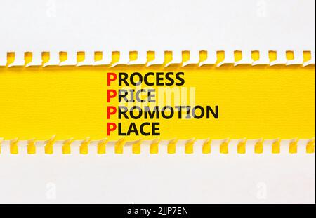 Simbolo del luogo di promozione del prezzo di processo PPPP. Concetto parole PPPP processo prezzo promozione posto su carta gialla su sfondo bianco bello. Business AN Foto Stock