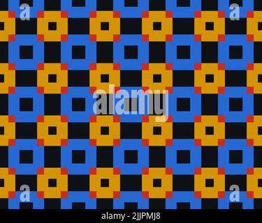 Illustrazione di un motivo quadrato giallo e blu senza giunture su sfondo nero Foto Stock