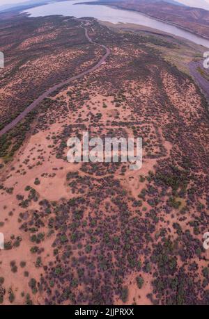 Una veduta aerea verticale del lago Roosevelt e delle aree boschive vicino alla riva sotto il cielo nuvoloso Foto Stock