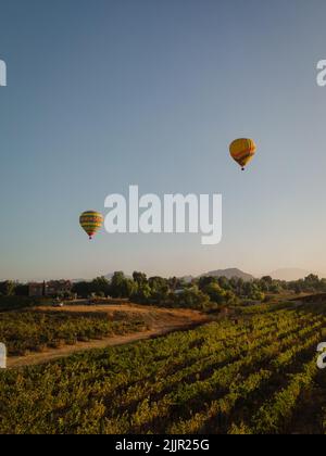 Un colpo verticale di due palloncini ad aria calda che volano sopra i vigneti contro lo sfondo blu cielo chiaro Foto Stock