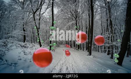 3D palline di vetro rosso fuso che galleggiano nell'aria nella foresta d'inverno Foto Stock