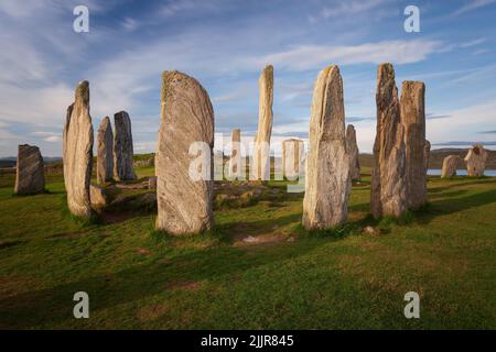 Una vista verticale del Callanish Stone Circle nell'isola di Lewis, Scozia Foto Stock