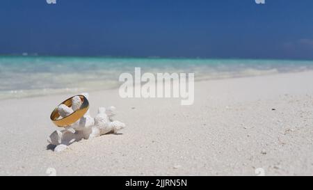 Un primo piano di un anello di nozze su un corallo sulla spiaggia di sabbia bianca con spazio copia Foto Stock