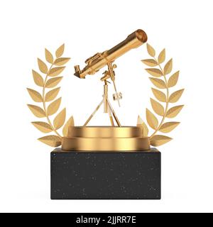 Vincitore del premio Cube Gold Laurel Wreath Podium, Stage o piedistallo con Golden Modern Mobile Telescope su treppiede su sfondo bianco. 3D rendering Foto Stock