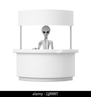 Scary Grey Humanoid Alien Cartoon personaggio persona Mascot e vuoto promozione Stand con spazio libero per il tuo disegno su uno sfondo bianco. 3D rendering Foto Stock